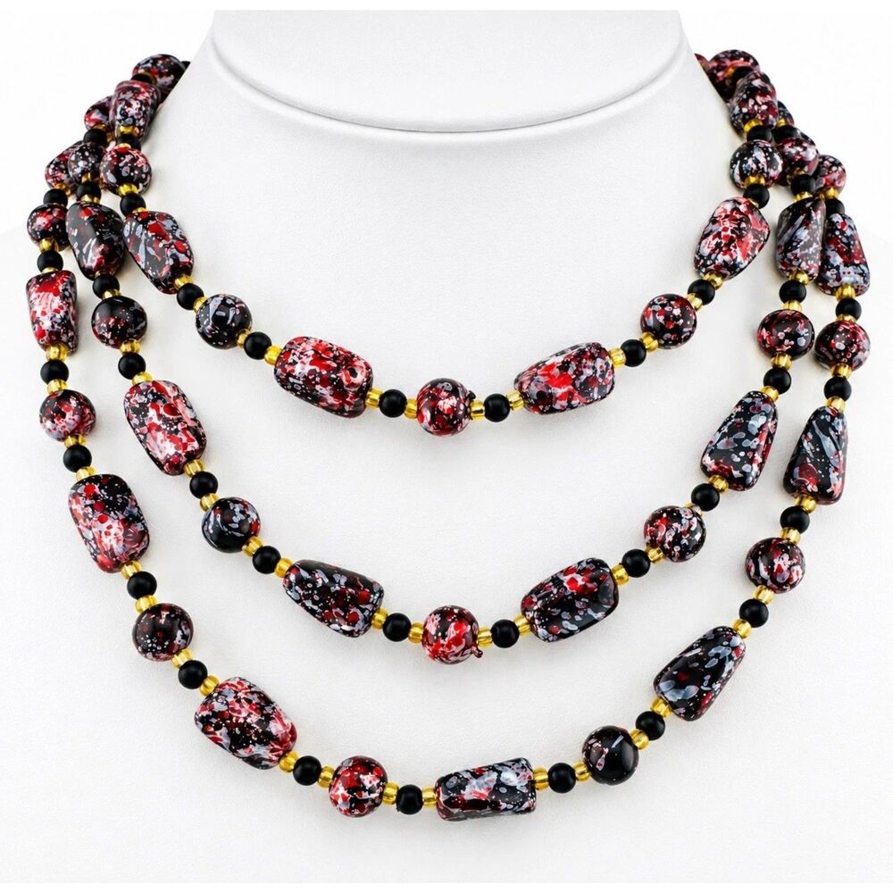 Vintage Splatter Bead Long Layering Necklace Red Black White Acrylic 48”